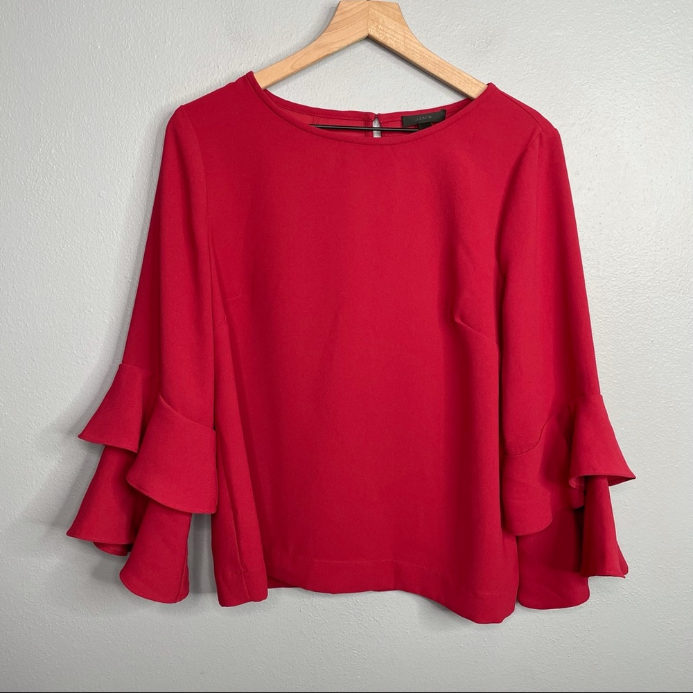 J. Crew Red Tiered Bell Sleeve Keyhole Blouse Size 12